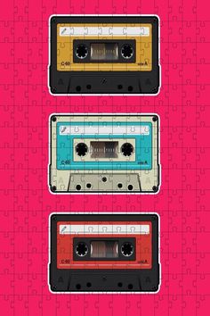 three cassette tapes are arranged in the shape of puzzles on a pink background with black and white lines