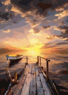 a painting of a boat docked at the end of a pier with sunset in the background