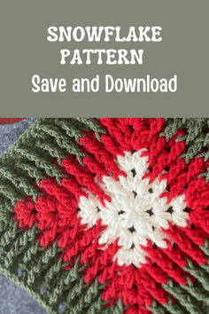 crocheted snowflake pattern with text overlay that reads, save and download