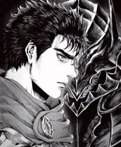 a drawing of a man with black hair and an evil look on his face, next to a demon