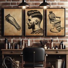 three framed pictures on the wall above a desk with a chair and hair dryer