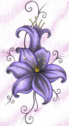 a drawing of a purple flower with swirls and leaves on the bottom half of it