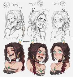 some drawings of different facial expressions and hair