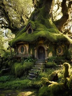 a house covered in moss with stairs leading up to it