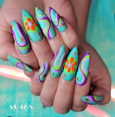 Rainbow Nail Designs Acrylic, Nails 2023 Gel, Groovy Nails, Finger Paints, Swirl Nails, Acrylic Ideas, Funky Nail Art, Retro Nails, Hippie Nails