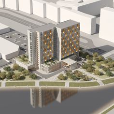 an artist's rendering of a large building in the middle of a city