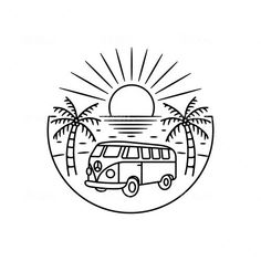 a black and white drawing of a van driving down the road with palm trees in the background