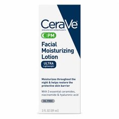 Ultra Lightweight. Moisturizes Throughout the Night & Helps Restore the Protective Skin Barrier. With 2 Essential Ceramides, Niacinamide & Hyaluronic Acid. Oil Free. Lightweight, Oil-Free Night Cream.  . Night cream with niacinamide.  . Your skin needs moisture around the clock, but it may need other things toolike soothing. With a night cream containing niacinamide, which can help calm the skin while you sleep, plus hyaluronic acid and ceramides, you can help your skin hold on Pm Moisturizer, Cerave Facial Moisturizing Lotion, Dermatologist Recommended Skincare, Best Night Cream, Facial Lotion, Lightweight Moisturizer, Moisturizer For Oily Skin, Avon Products, Oil Free Moisturizers