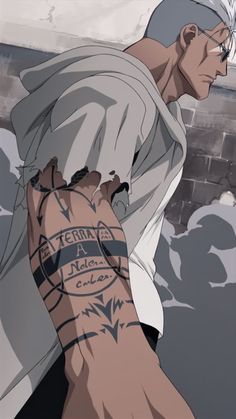 an anime character with tattoos on his arm