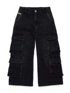 black cotton denim straight leg multiple cargo pockets slip pocket to the front rear flap pocket button fly fastening Black Baggy Cargo Pants, Black Cargos, Church Fits, School Schedule, J Black, Baggy Style, Jeans Cargo, Diesel Jeans, Black Cargo