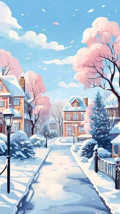 a painting of a snowy street with houses and trees