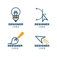 four different logos designed to look like pencils and paper planes, with the words designer logo