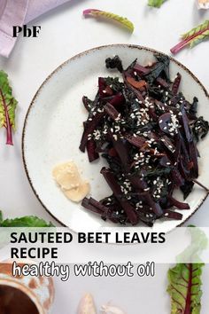 a plate of sauteed red beet leaves and stems with text "sauteed beet leaves recipe, healthy without oil" Beet Leaves Recipe, Beetroot Leaves Recipe, Beet Stems, Beet Leaf Recipes, How To Cook Beetroot, Beet Green Recipes, Beet Leaves, Sauteed Beet Greens, Cooking Without Oil