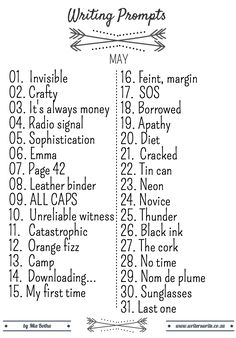 the printable list for writing prompts is shown in black and white, with an arrow