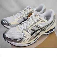 Size 10 - Women's Asics Gel-Kayano 14 White Midnight Cream Silver 1202a056-109. New In Box. Authentic. Mint Sneakers, Retro Running Shoes, Pretty Sneakers, Track And Field Shoes, Asics Gel Lyte Iii, Cushioned Running Shoes, Runners Shoes, Asics Women Gel, Asics Gel Kayano