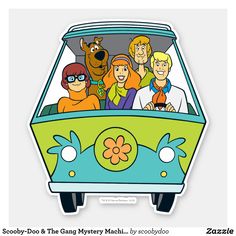 the scooby gang rides in an old school bus sticker on a white background