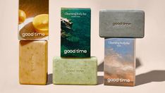 three soap bars stacked on top of each other with the words good time written on them