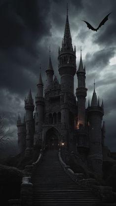 an image of a castle at night with bats flying over the entrance and steps leading up to it