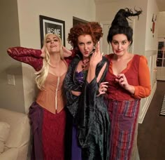 three women dressed in costumes posing for the camera