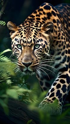 a close up of a leopard walking through some trees