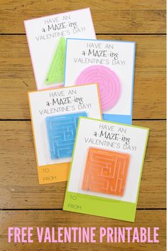 three valentine's day cards with the text free printable mazes on them