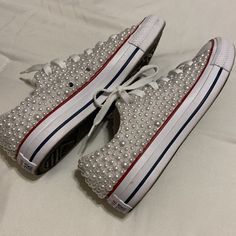 Beautiful In Person. Very Great Quality Bridal Shoes. Has Two Spots On Left Shoe (Pictured). Looks To Be Used Only Once. Please Refer To Photos For Sizing And Conditions. A1-J Chuck Taylors Wedding, Taylor Wedding, Shoes Converse, Shoes Color, Womens Converse, Converse Shoes, Bridal Shoes, Chuck Taylor, Chuck Taylors