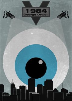 an old movie poster with a large eyeball in the center and cityscape behind it