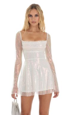 Brooks Iridescent Sequin Flare Dress in White | LUCY IN THE SKY Long Sleeve Sequin Dress, Sequin Dresses, Skater Dresses, Sequin Party Dress, Hoco Dresses, Colorblock Dress, Trending Dresses, Mini Dresses, Birthday Dresses