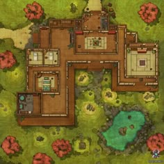 an overhead view of a house with several rooms and bathrooms in the middle of it