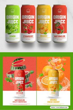 three cans of orange juice are shown with the same color scheme as well as green and red