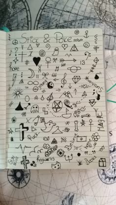 an open notebook with writing on it and various symbols in the pages next to each other