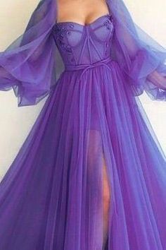 Purple Black Dress Prom, Lantern Sleeve Prom Dress, Dark Purple Prom Dress With Sleeves, Royal Purple Prom Dress Formal, Purple Whimsical Prom Dress, Purple Ballgown Prom Dress, Royal Purple Prom Dress Ball, Cute Prom Dresses Purple, Prom Dresses Aesthetic Purple