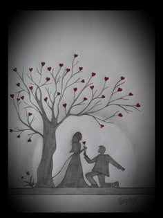 a drawing of a man and woman holding hands under a tree with hearts on it