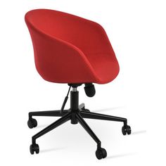 a red office chair with black wheels on an isolated white background, viewed from the front