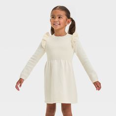 Dress up your toddler in cute style with this Solid Crewneck Dress from Cat & Jack™. Made of cotton and acrylic, this dress features a crew neckline for a timeless look. Tailored in a knee length, the dress has long sleeves with ribbed cuffs for a snug fit. Plus, the pullover style provides ease of wear. Cat & Jack™: Designed for all children so you can trust it's made for yours. Toddler Sweater Dress, Sweater Dress Outfit, Cozy Dress, Toddler Sweater, Pointelle Sweater, Ribbed Sweater Dress, Solid Color Dress, Long Sleeve Print Dress, Crewneck Dress