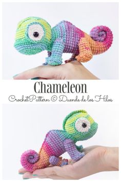 a hand holding a small crocheted chamelon