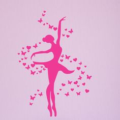 a pink ballerina wall decal with butterflies in the shape of heart shapes and hearts