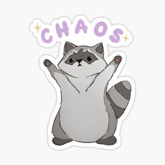 a raccoon with the word chaos on it's chest and arms in the air