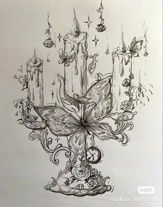 a drawing of a candle with butterflies on it and candles in the middle, surrounded by stars