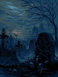 an old graveyard with skulls and tombstones in the foreground, at night time