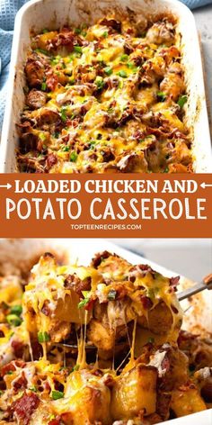 loaded chicken and potato casserole in a baking dish