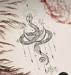 a drawing of a snake on the side of a wall next to flowers and feathers