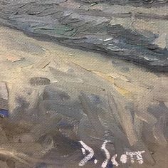 an oil painting of the ocean and beach