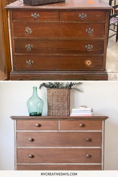 an old dresser is transformed into a beautiful chest of drawers