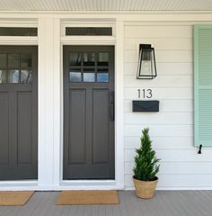 the front door of a house with two potted plants