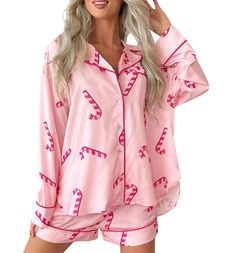 PRICES MAY VARY. Material: High quality polyester. women cute printed 2 piece pajamas set, lightweight, skin-friendly, comfortable and breathable, slight stretch, not easy to deform, suitable for Christmas, Hollween, Valentine's Day, etc. Feature: Christmas cane long sleeve shorts set, Xmas pajamas set, holiday loungewear set, Holiday cute pattern long sleeve button down shirt with shorts matching set, 2 pcs sleepwear set, 2 piece sleepwear button down pjs set. Design: Women 2 piece holiday pink Christmas Pajama Shorts, Womens Christmas Pajamas, Pyjama Satin, Cute Sleepwear, Cute Pajama Sets, Chic Summer Outfits, Christmas Pajama Set, Christmas Pjs, Elastic Shorts