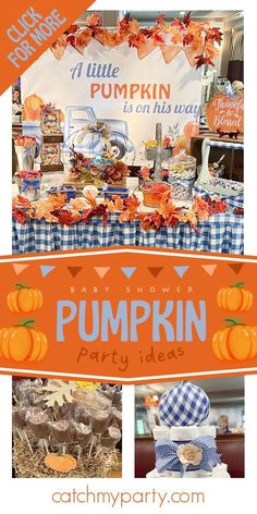 a pumpkin themed baby shower party with lots of decorations