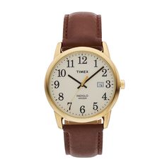 This men's Timex Easy Reader leather watch is a classic choice.FEATURESDate windowDISPLAYDial color: creamIllumination: Indiglo EL backlightFace cover material: mineral crystalCASEMaterial: gold-tone brass with stainless steel backDiameter: 38 mmBANDMaterial: brown leatherClasp: buckleCircumference: adjusts from 150 mm to 205 mmWidth: 20 mmDETAILSMovement: quartzPower: batteryWater resistance: 30 metersPackaging: boxedWarranty: manufacturer's 1-year limitedFor warranty information please click h Classic Watch Accessories With Analog Display, Classic Brown Watch Accessories With Metal Dial, Anniversary Leather Watch Accessories, Timeless Brown Watch For Anniversary, Classic Everyday Watches, Brown Timeless Anniversary Watch, Classic Brown Chronograph Watch Accessories, Classic Brown Watch For Everyday Use, Classic Analog Watch Accessories For Everyday