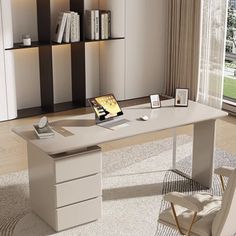 an office desk with two chairs and a book shelf in front of a large window