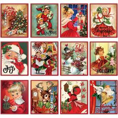 christmas cards with santa claus and other holiday greetings on the front, in red